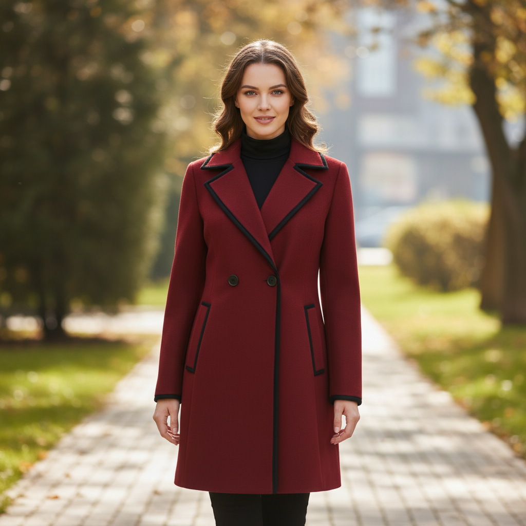 Double-Breasted White Coat with Black Trim | Women's Coat