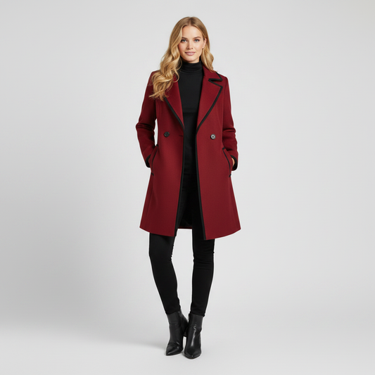 Double-Breasted White Coat with Black Trim | Women's Coat