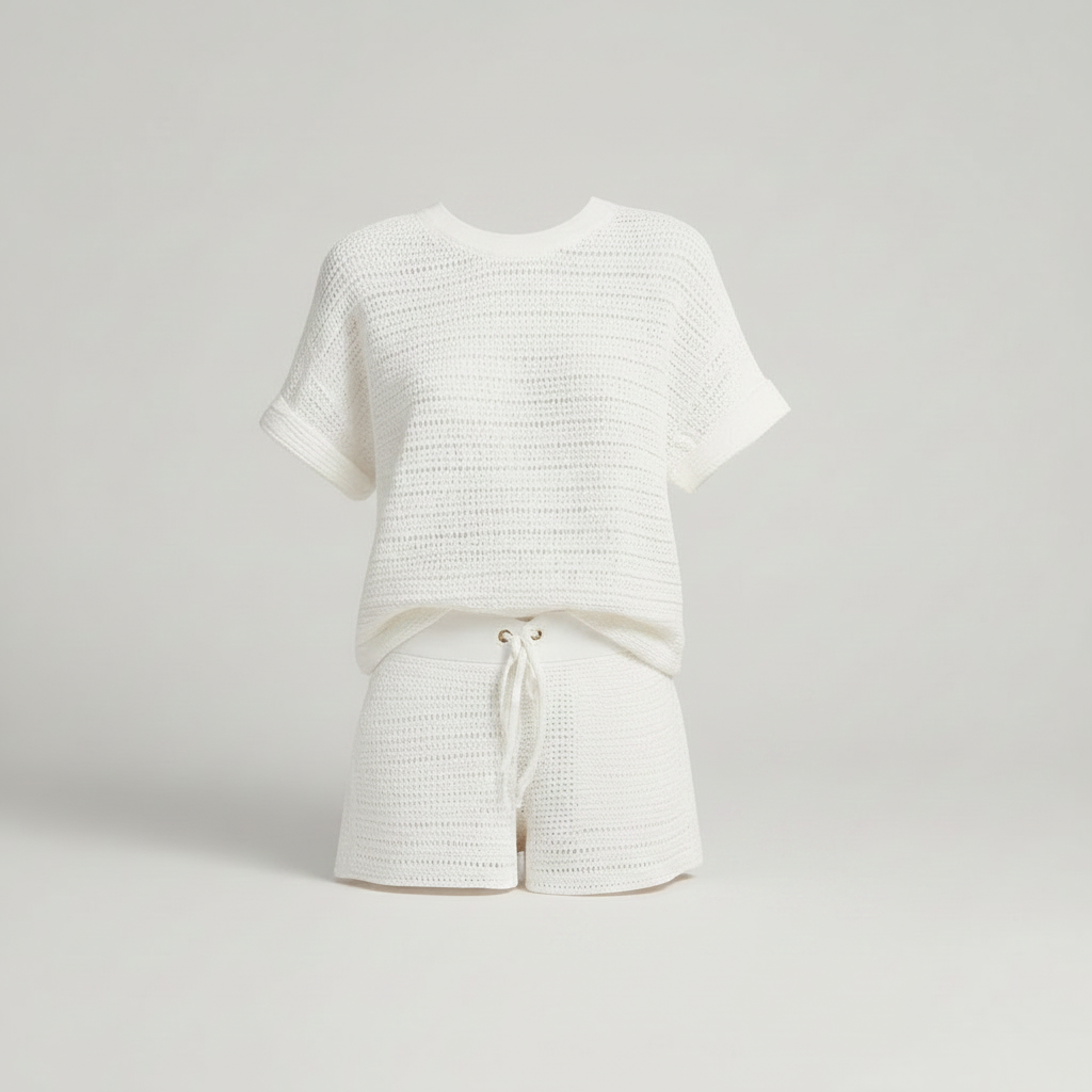 Hollow Knit White Two Piece Short Set | Women's Shorts Set