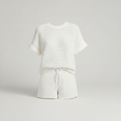 Hollow Knit White Two Piece Short Set | Women's Shorts Set