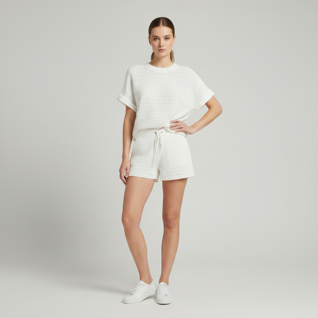 Hollow Knit White Two Piece Short Set | Women's Shorts Set