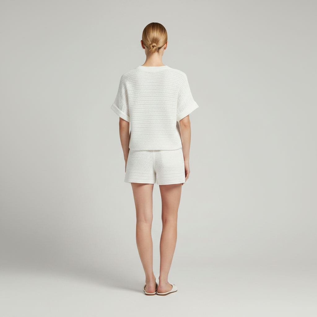 Hollow Knit White Two Piece Short Set | Women's Shorts Set