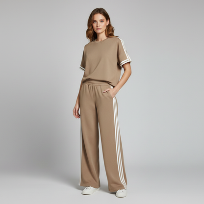 Khaki Striped-Trim Loungewear Set | Casual Sportswear