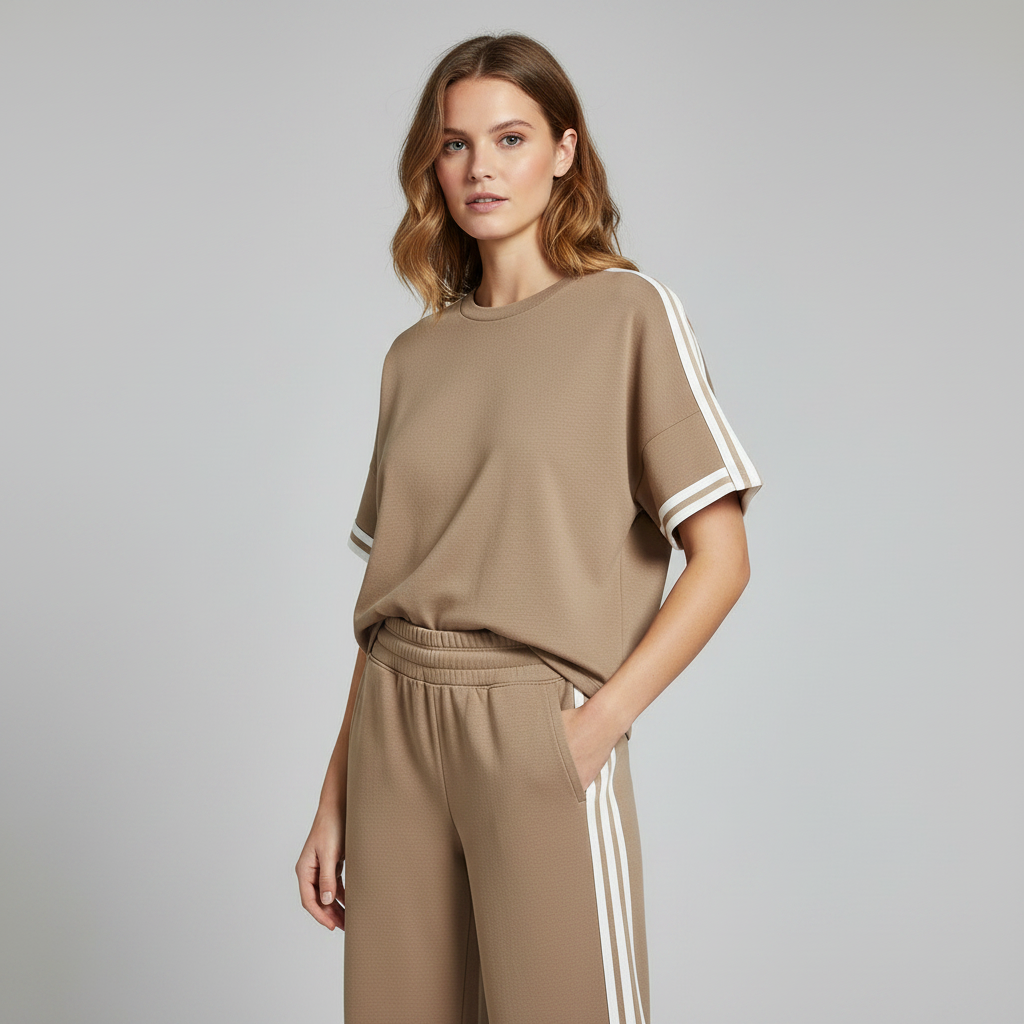 Khaki Striped-Trim Loungewear Set | Casual Sportswear