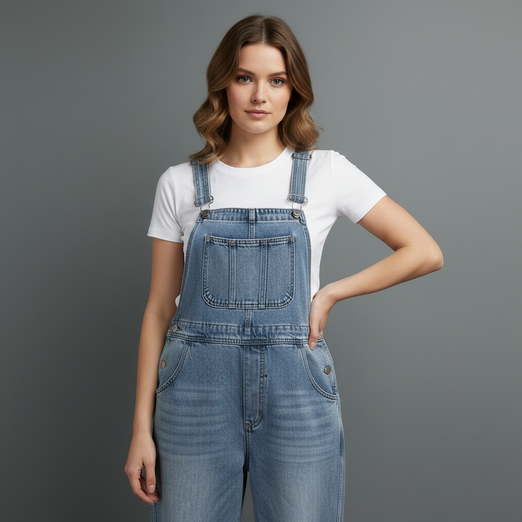 Retro Blue Denim Overalls for Women | Casual Fit with Pockets
