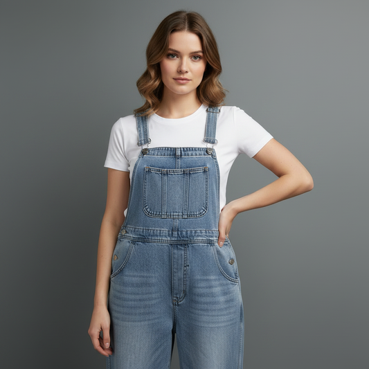 Retro Blue Denim Overalls for Women | Casual Fit with Pockets
