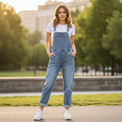 Retro Blue Denim Overalls for Women | Casual Fit with Pockets