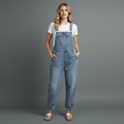 Retro Blue Denim Overalls for Women | Casual Fit with Pockets