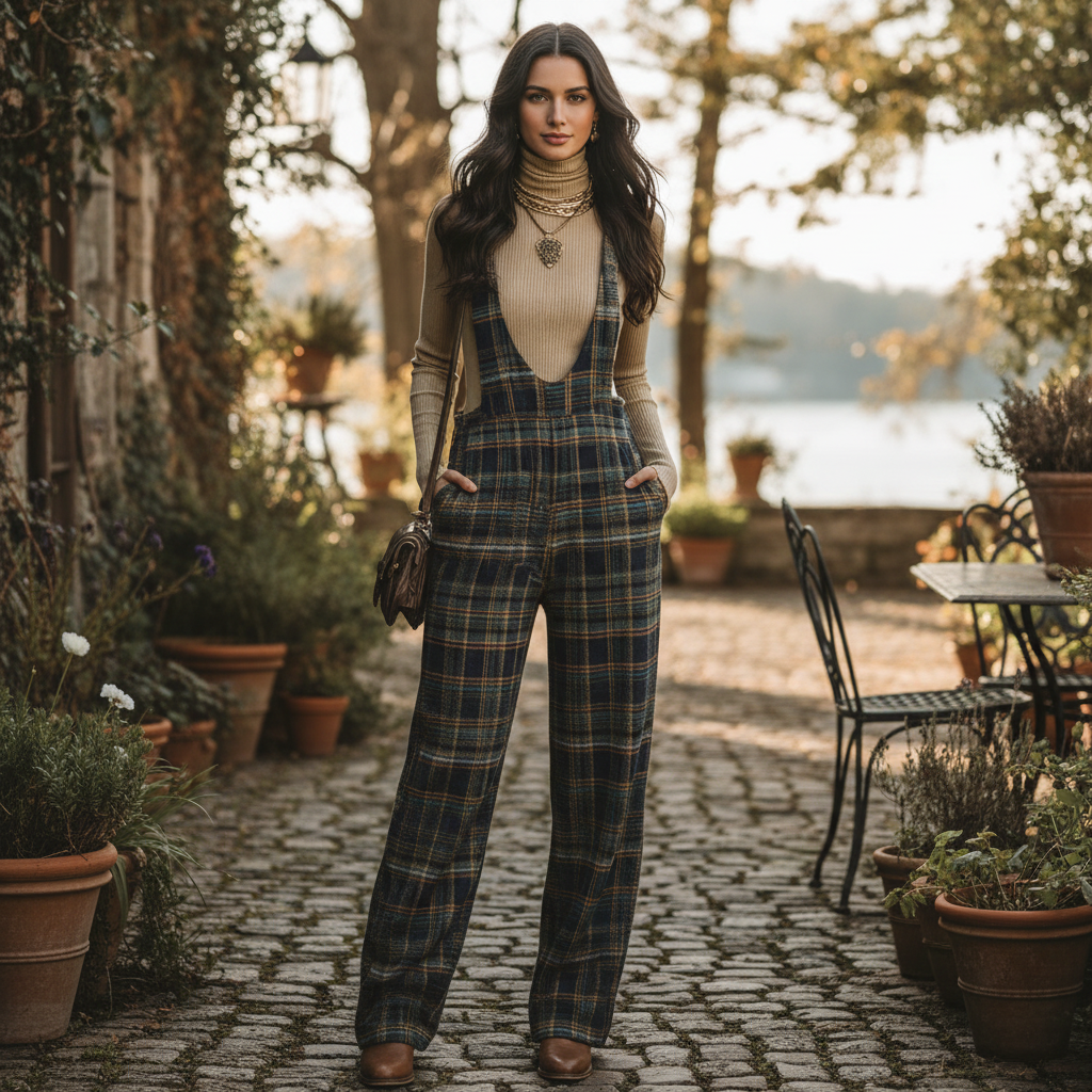 Retro Blue Plaid Wide-Leg Overalls for Women | Casual Fashion