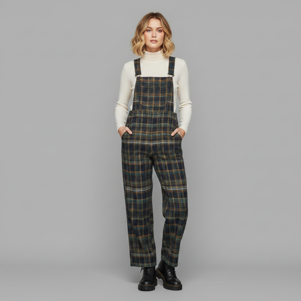 Retro Blue Plaid Wide-Leg Overalls for Women | Casual Fashion