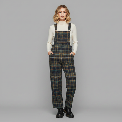 Retro Blue Plaid Wide-Leg Overalls for Women | Casual Fashion