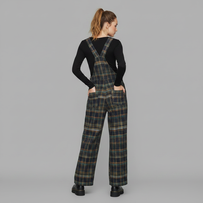 Retro Blue Plaid Wide-Leg Overalls for Women | Casual Fashion