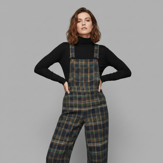 Retro Blue Plaid Wide-Leg Overalls for Women | Casual Fashion