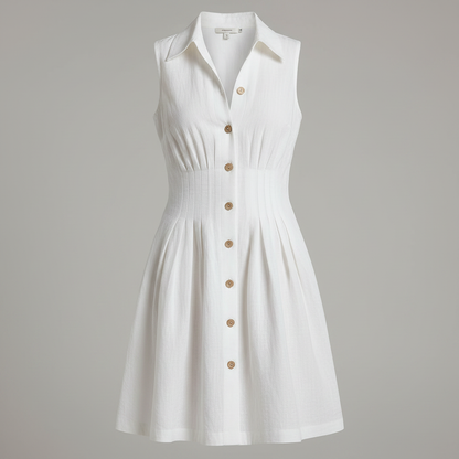 Retro White Sleeveless Collared Cotton Linen Mini Dress