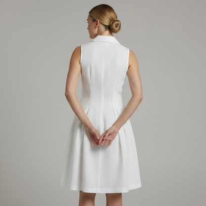 Retro White Sleeveless Collared Cotton Linen Mini Dress