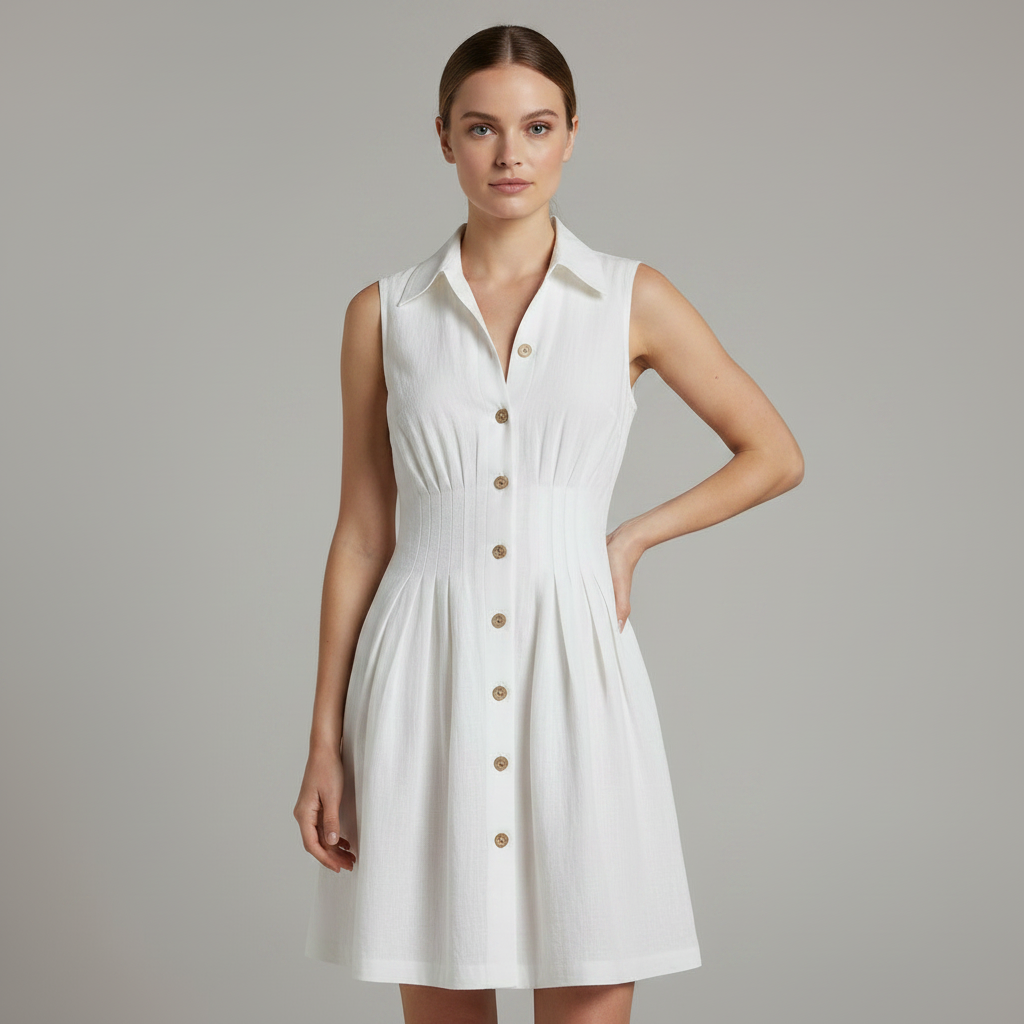 Retro White Sleeveless Collared Cotton Linen Mini Dress