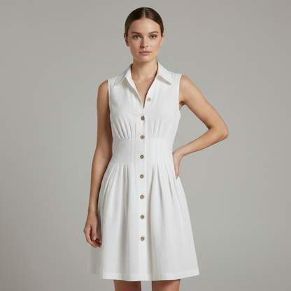 Retro White Sleeveless Collared Cotton Linen Mini Dress