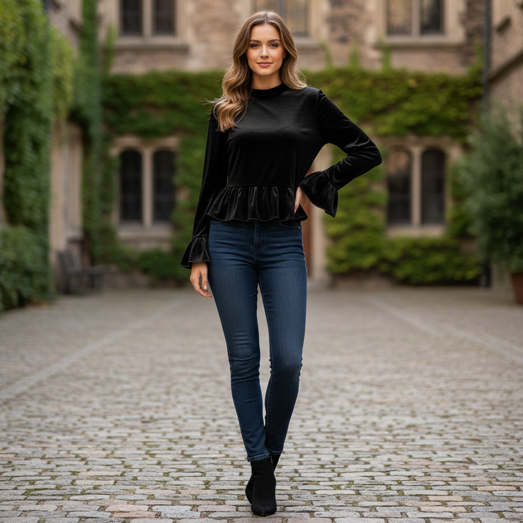Velvet Ruffle-Trim Blouse | Round Neck Bell Sleeve Top