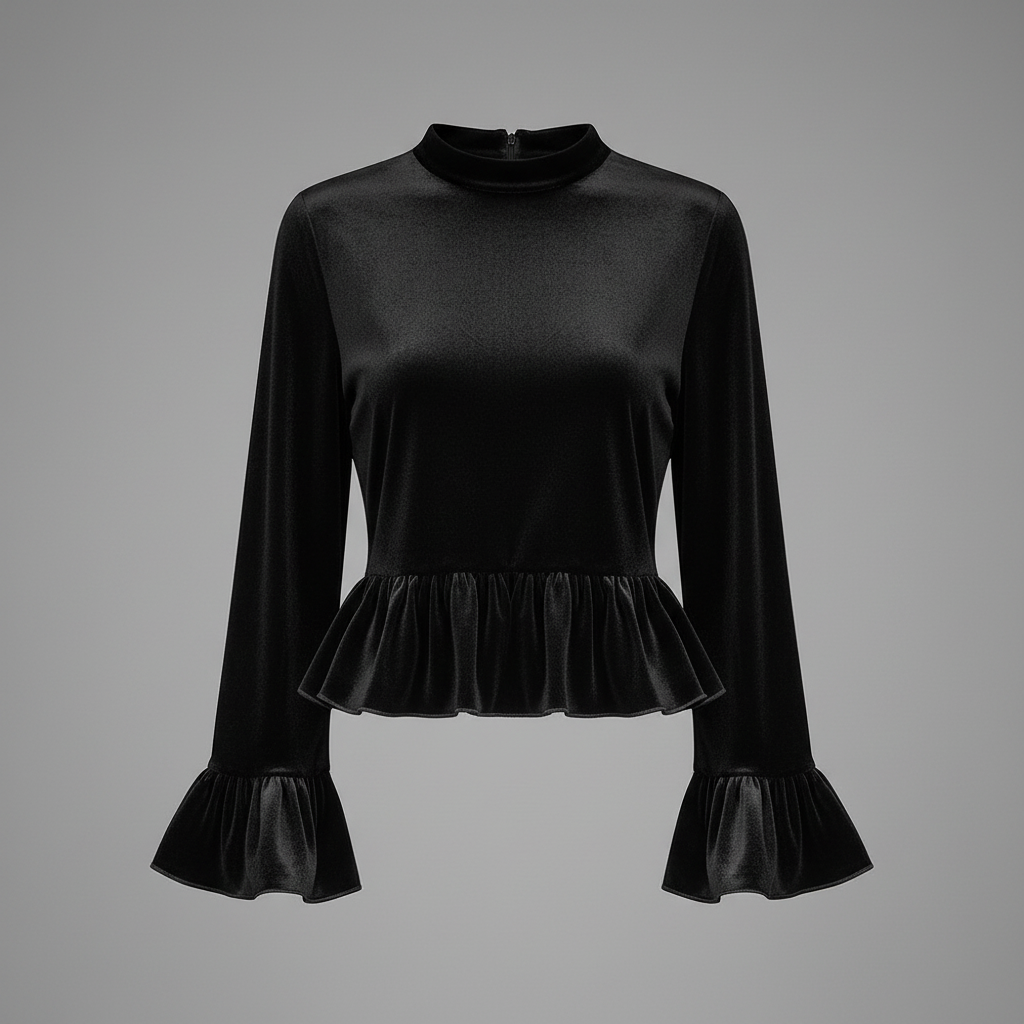 Velvet Ruffle-Trim Blouse | Round Neck Bell Sleeve Top