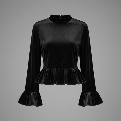 Velvet Ruffle-Trim Blouse | Round Neck Bell Sleeve Top
