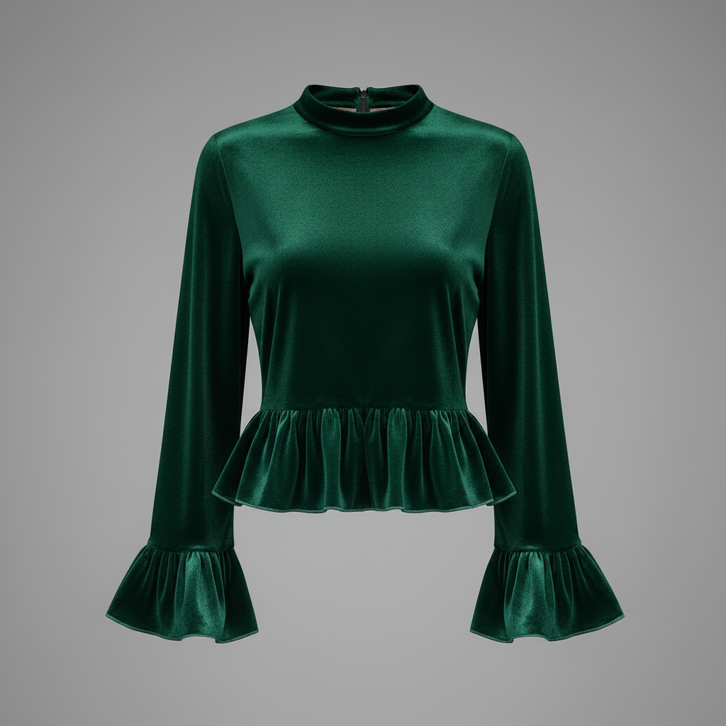 Velvet Ruffle-Trim Blouse | Round Neck Bell Sleeve Top