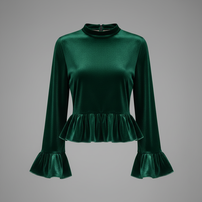 Velvet Ruffle-Trim Blouse | Round Neck Bell Sleeve Top