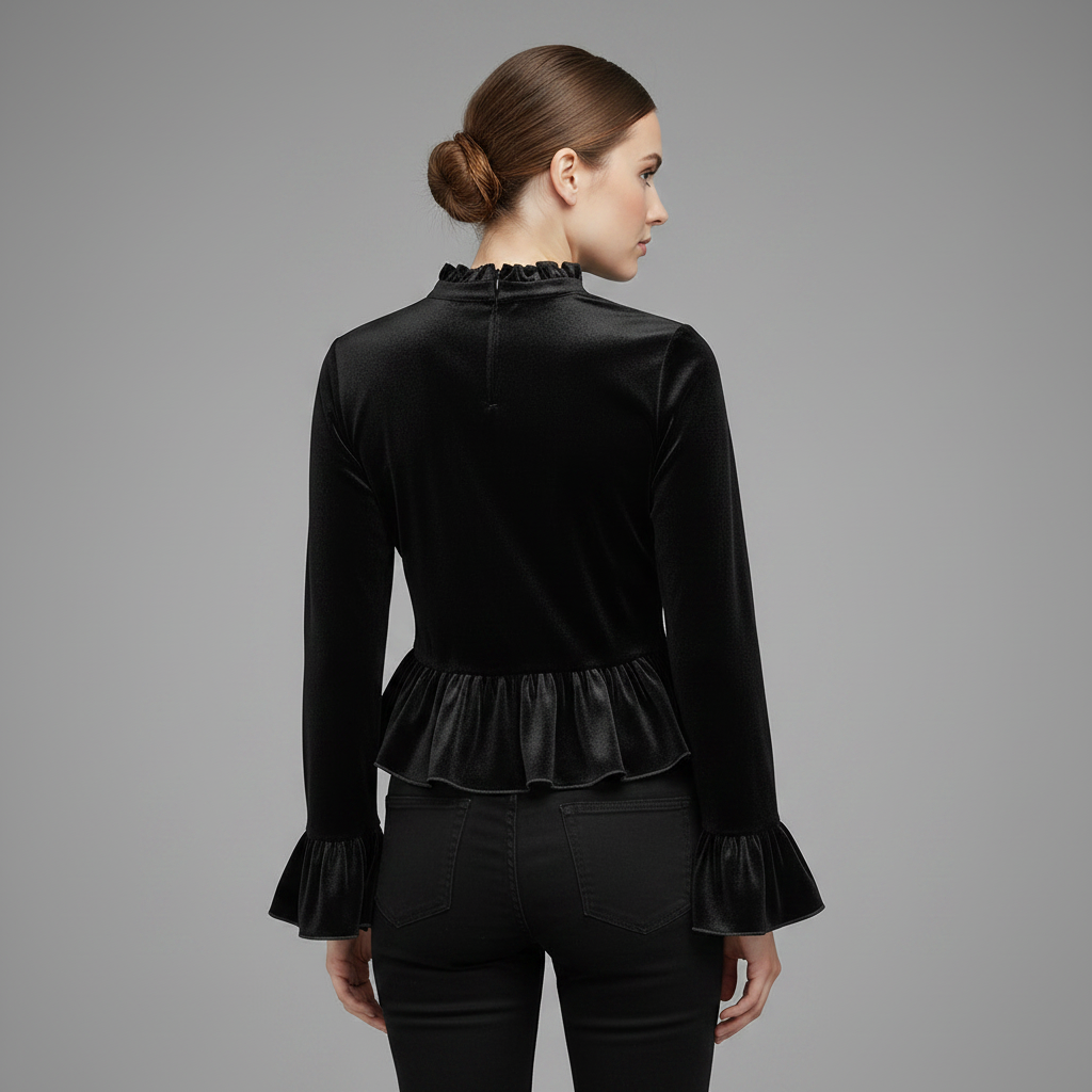 Velvet Ruffle-Trim Blouse | Round Neck Bell Sleeve Top