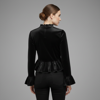 Velvet Ruffle-Trim Blouse | Round Neck Bell Sleeve Top