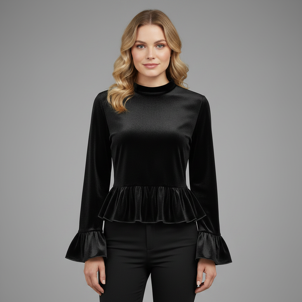 Velvet Ruffle-Trim Blouse | Round Neck Bell Sleeve Top