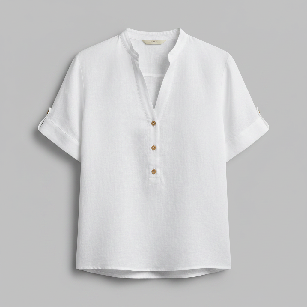 White Linen-Blend Stand Collar Short-Sleeve Blouse
