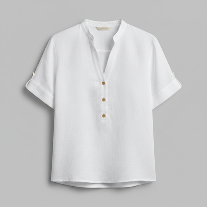White Linen-Blend Stand Collar Short-Sleeve Blouse