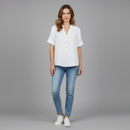 White Linen-Blend Stand Collar Short-Sleeve Blouse