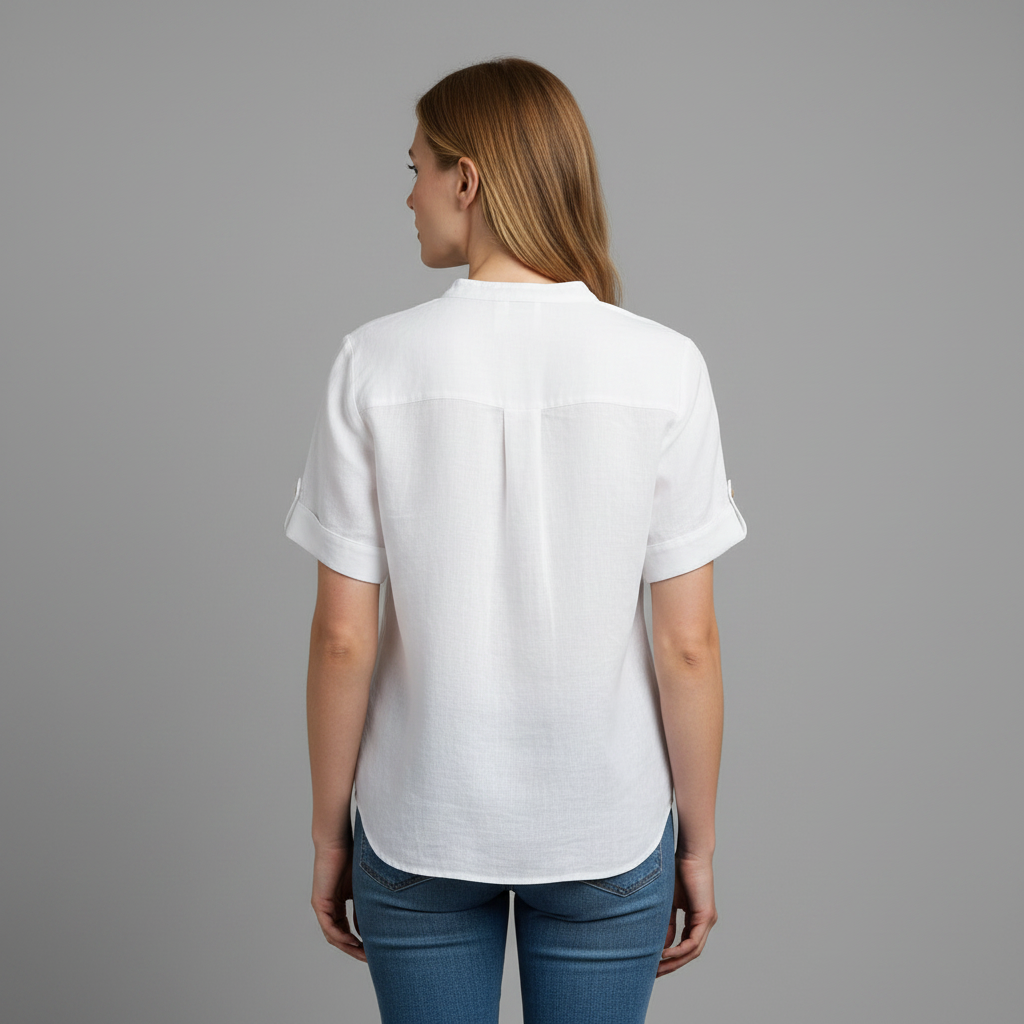 White Linen-Blend Stand Collar Short-Sleeve Blouse