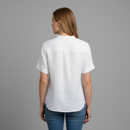 White Linen-Blend Stand Collar Short-Sleeve Blouse