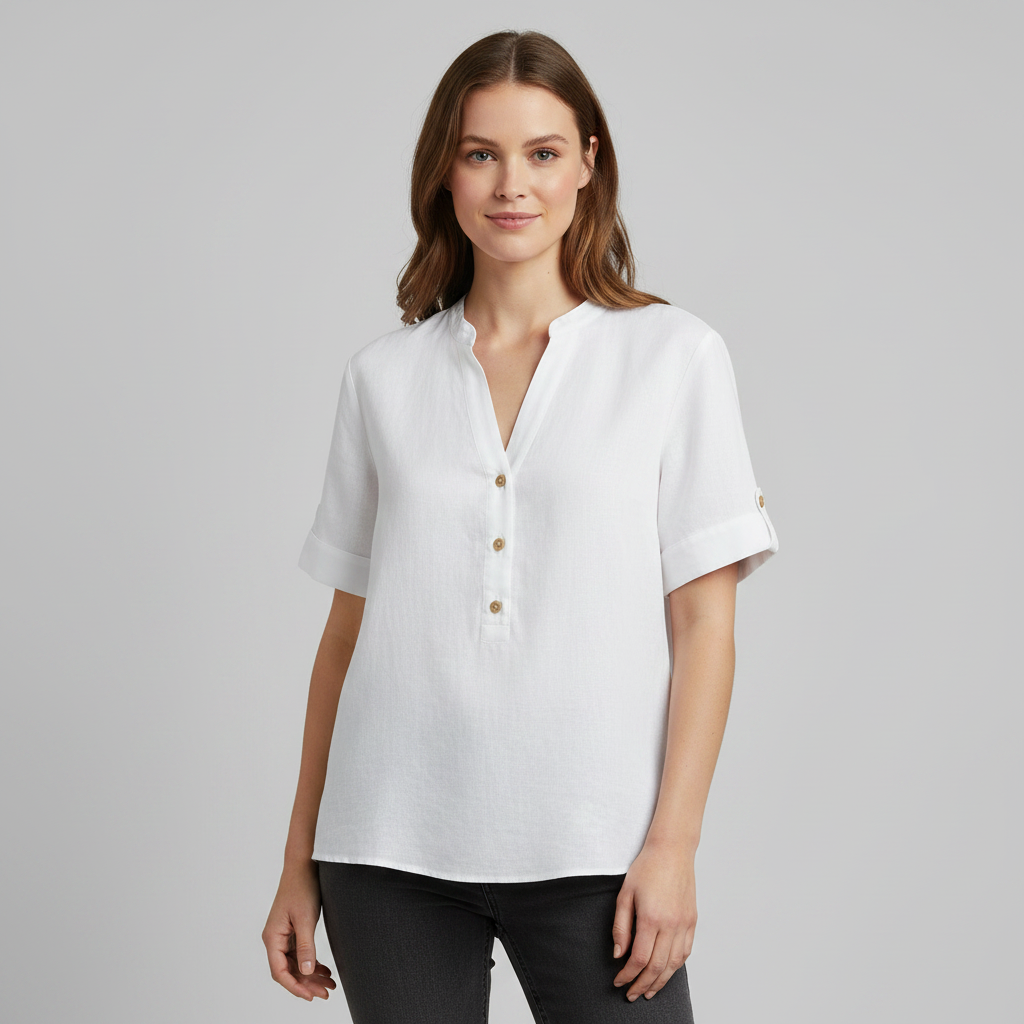 White Linen-Blend Stand Collar Short-Sleeve Blouse