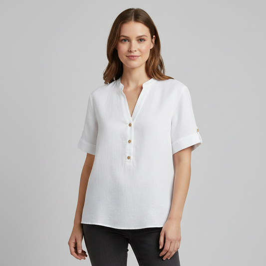 White Linen-Blend Stand Collar Short-Sleeve Blouse